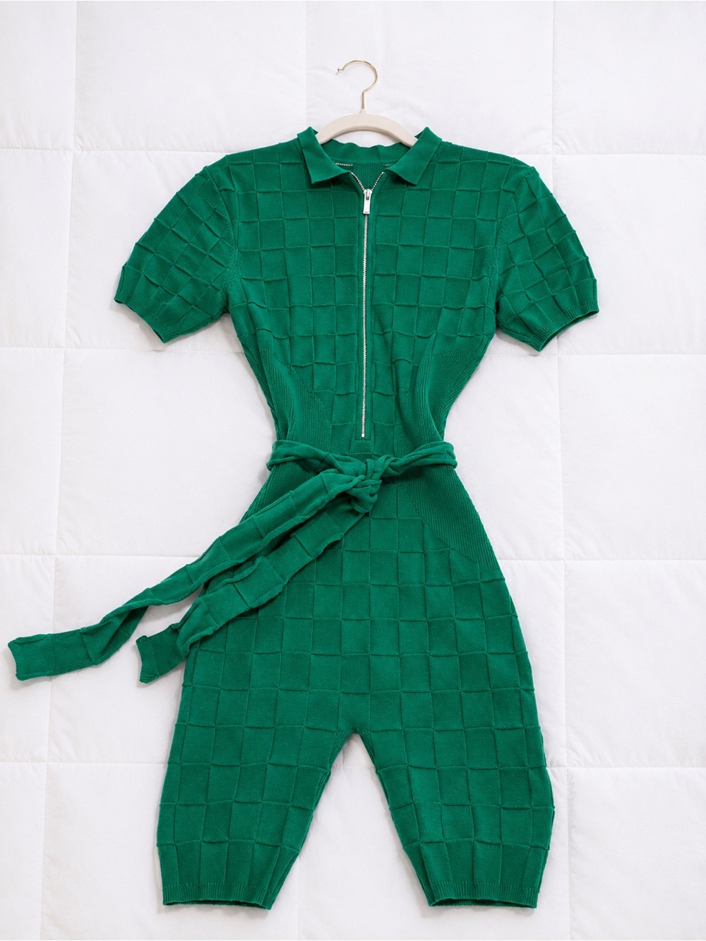 Maniere De Voir Emerald Green Knit Zip-Front Short Sleeve Jumpsuit